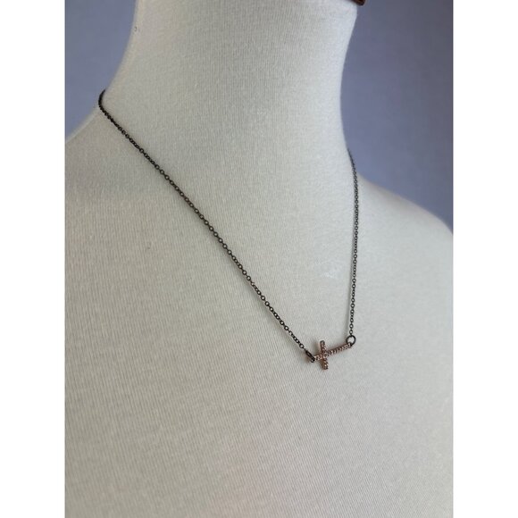 Horizontal Cross Necklace Gold Tone Rhinestone Accents Classic Minimalist - Picture 3 of 6